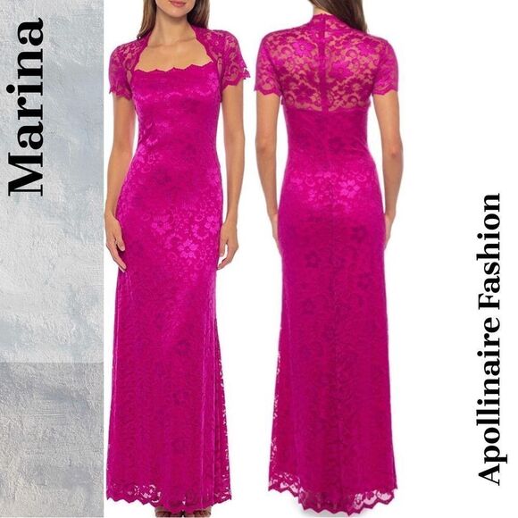MARINA SQUARE NECK LACE MAXI DRESS FUCHSIA MEDIUM NWT - Picture 1 of 7